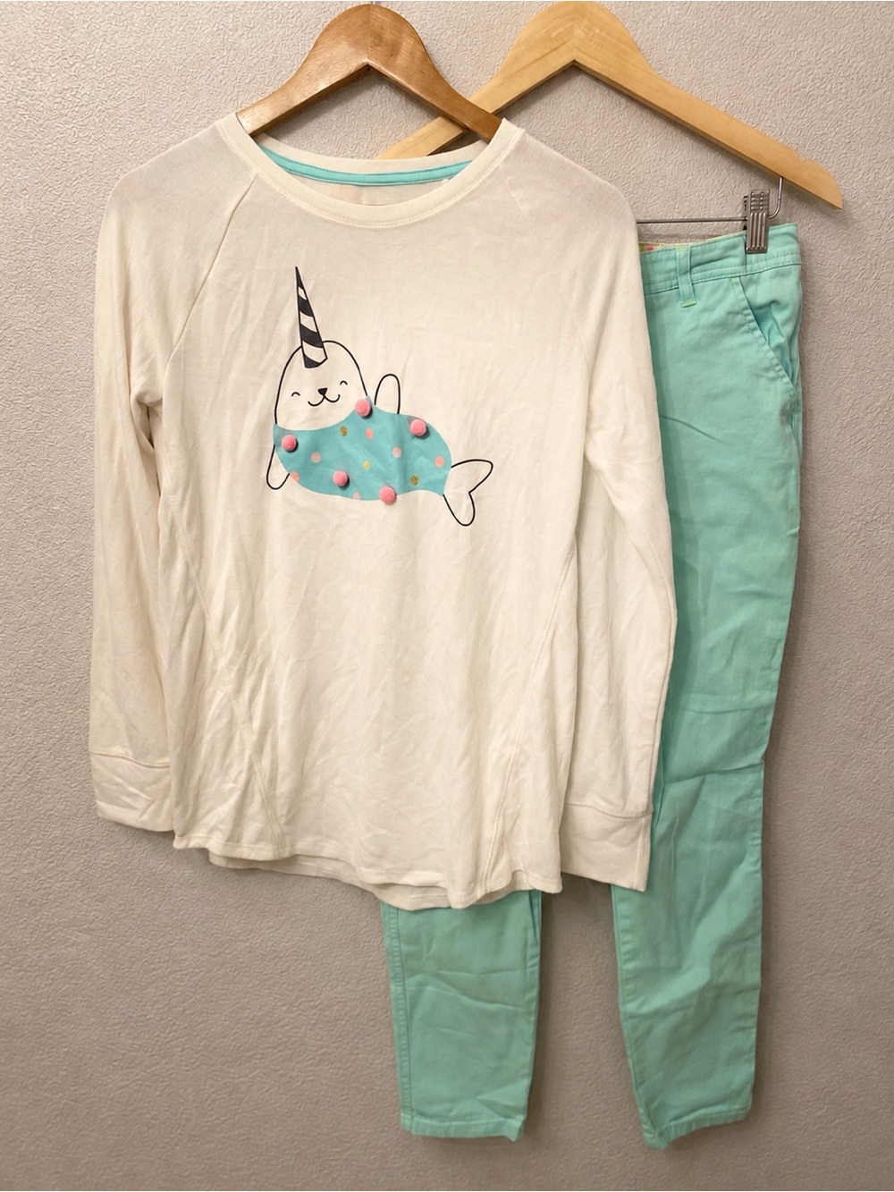 Cat & Jack Girls XL 14/16 Narwhal Top & Mint Pants Set
